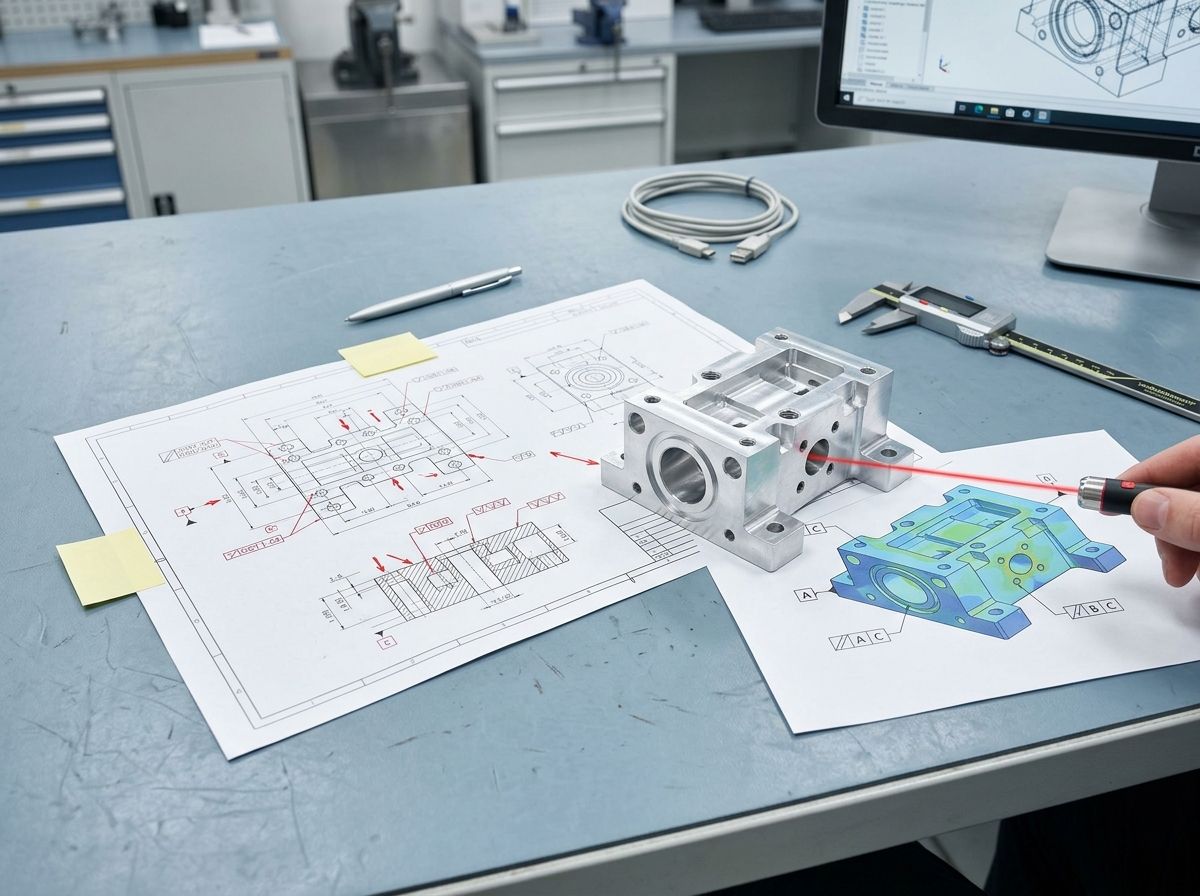 Representative drawing-review scene with annotated technical drawings, a machined component, and measuring tools