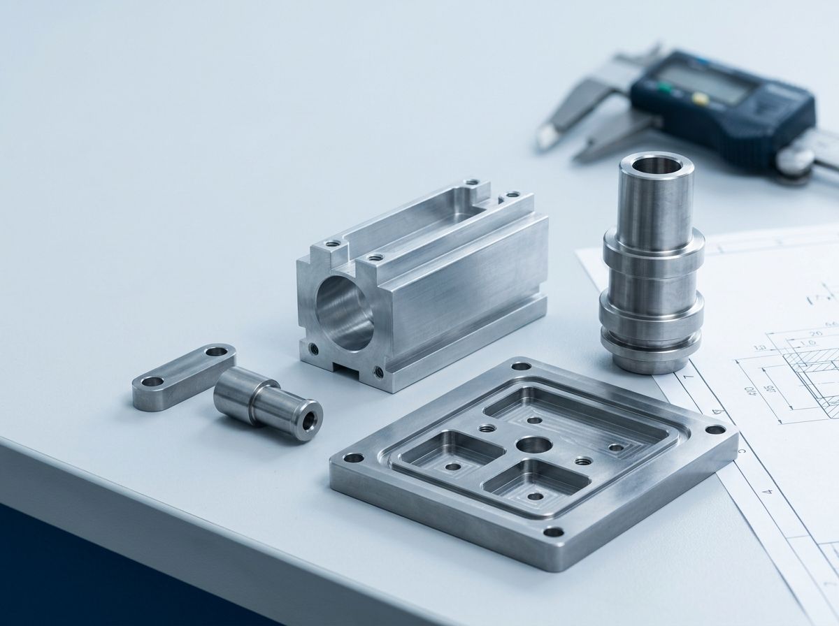 Representative precision components arranged with an engineering drawing