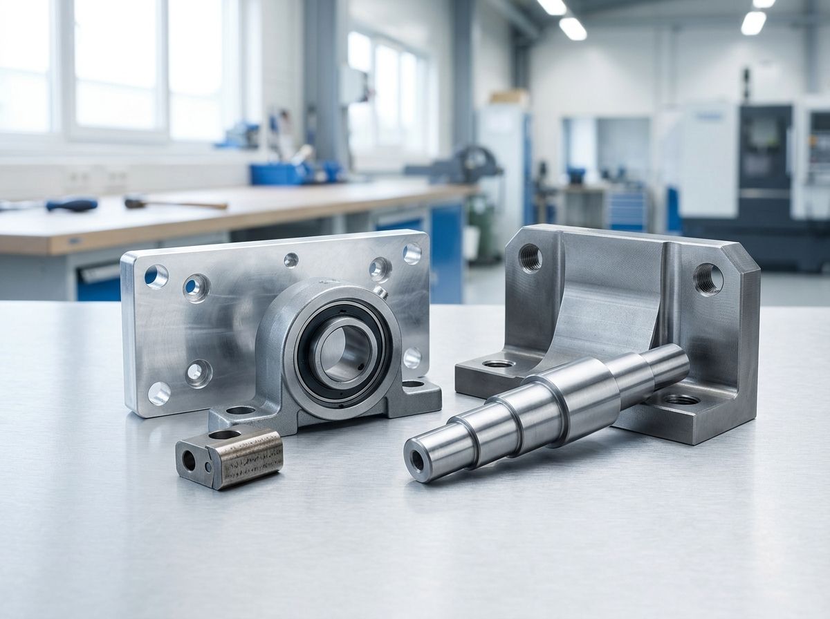 Representative industrial-equipment components including a shaft, bearing mount, and bracket