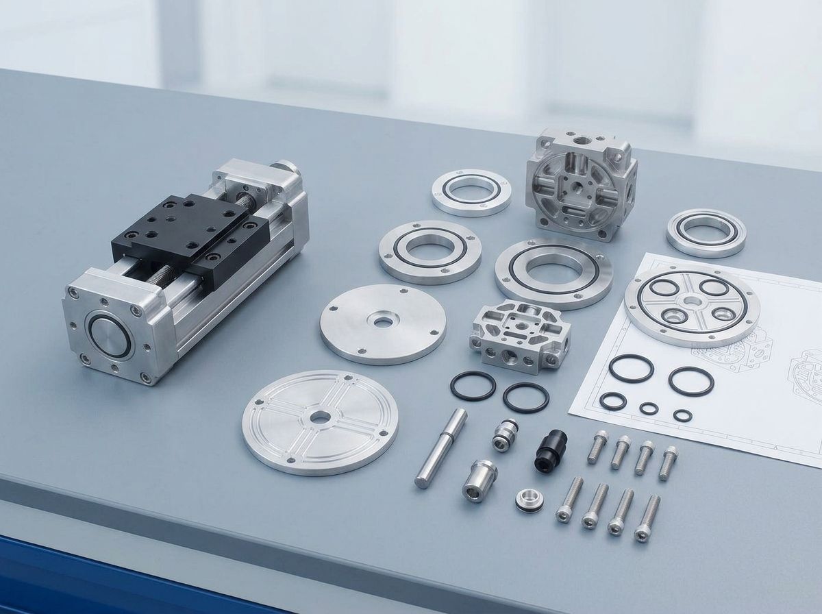 Representative mechanical component set arranged with fitted parts and an engineering drawing