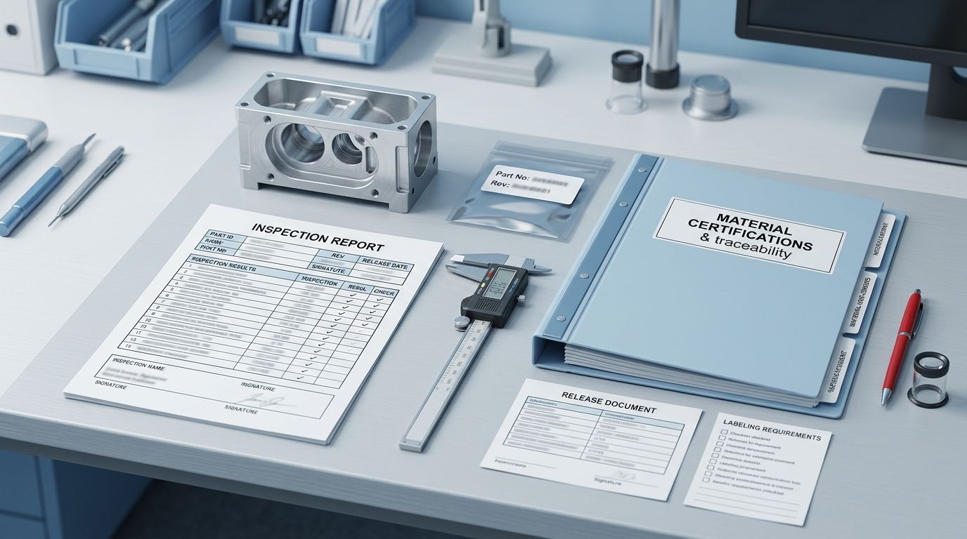 Representative quality-documentation scene with inspection records, traceability materials, a measuring tool, and a precision component