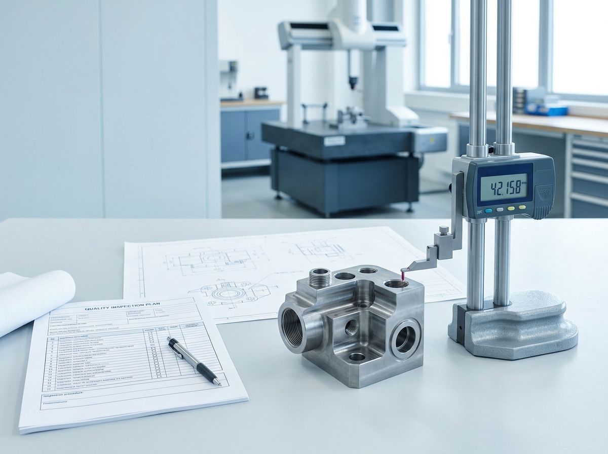 Representative quality-planning scene with an engineering drawing, inspection plan, precision component, and height gauge